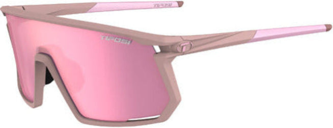 Pink sunglasses with a brand logo on a white background