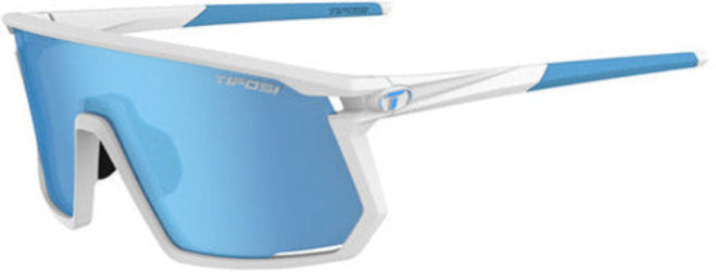 Sunglasses with blue lenses and white frame on a white background