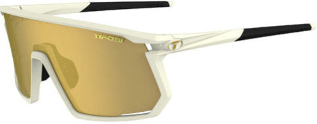 Sunglasses with gold lenses and white frame on a white background