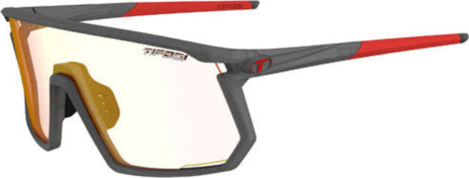 Sunglasses with red and gray frame and reflective lenses on a white background