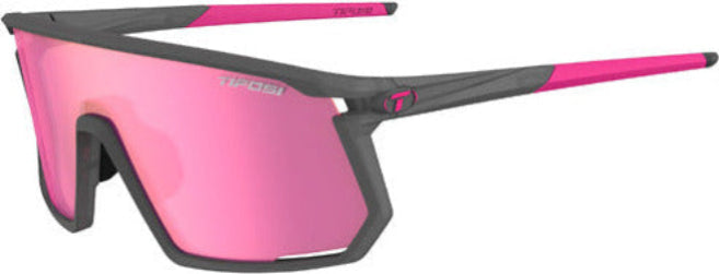 Sunglasses with pink lenses and black frames on a white background