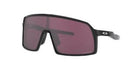 A pair of Oakley Sutro S sunglasses with a black frame and blue reflective lenses.
