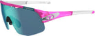 Sunglasses with pink and blue frame on a white background