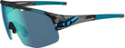 Sunglasses with a black and blue frame and teal lenses on a white background