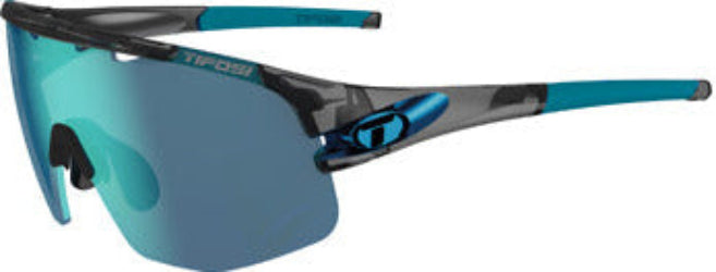 Sunglasses with a black and blue frame and teal lenses on a white background