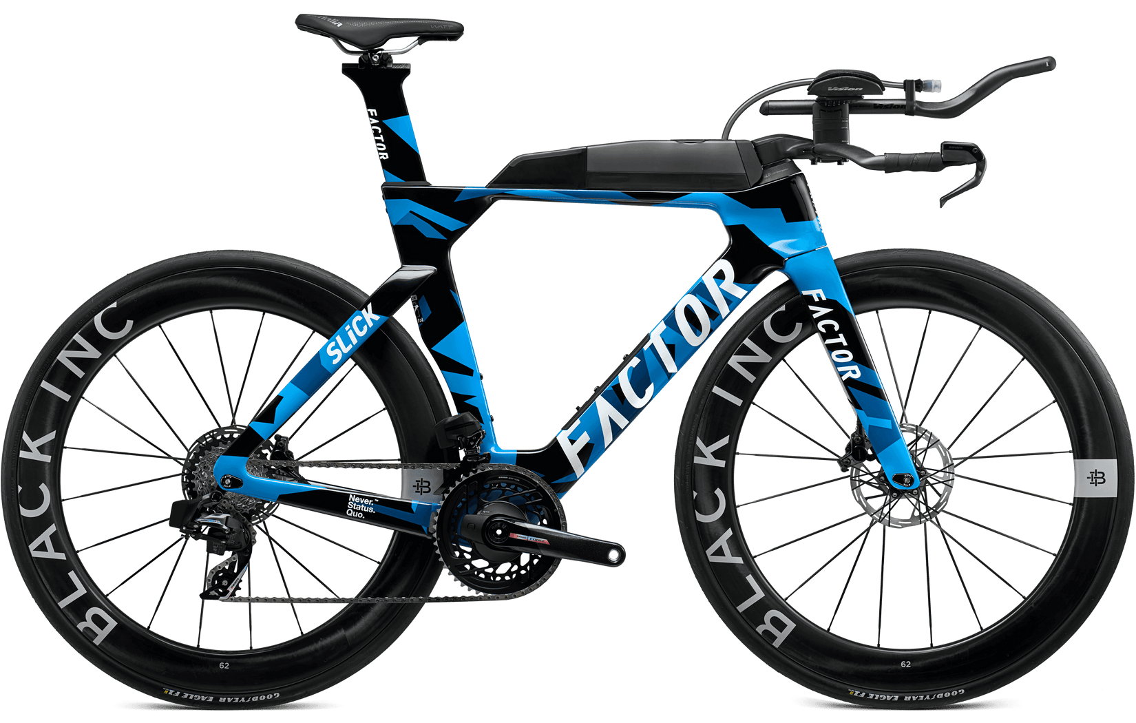 Blue and black bicycle with 'Factor' branding on a white background