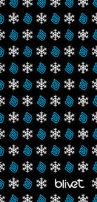 A tubular neck warmer with a pattern of blue and white snowflakes and gloves on a black background, with the brand name 'blivet' visible.