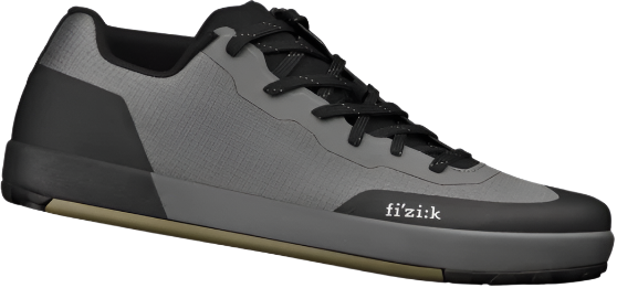 Gray and black cycling shoe with 'fizik' branding on a white background