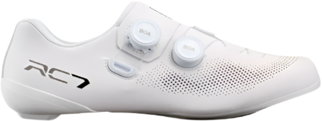 White cycling shoe with 'RC' branding on a white background