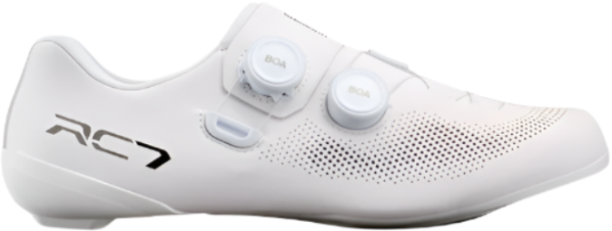 White cycling shoe with 'RC' branding on a white background