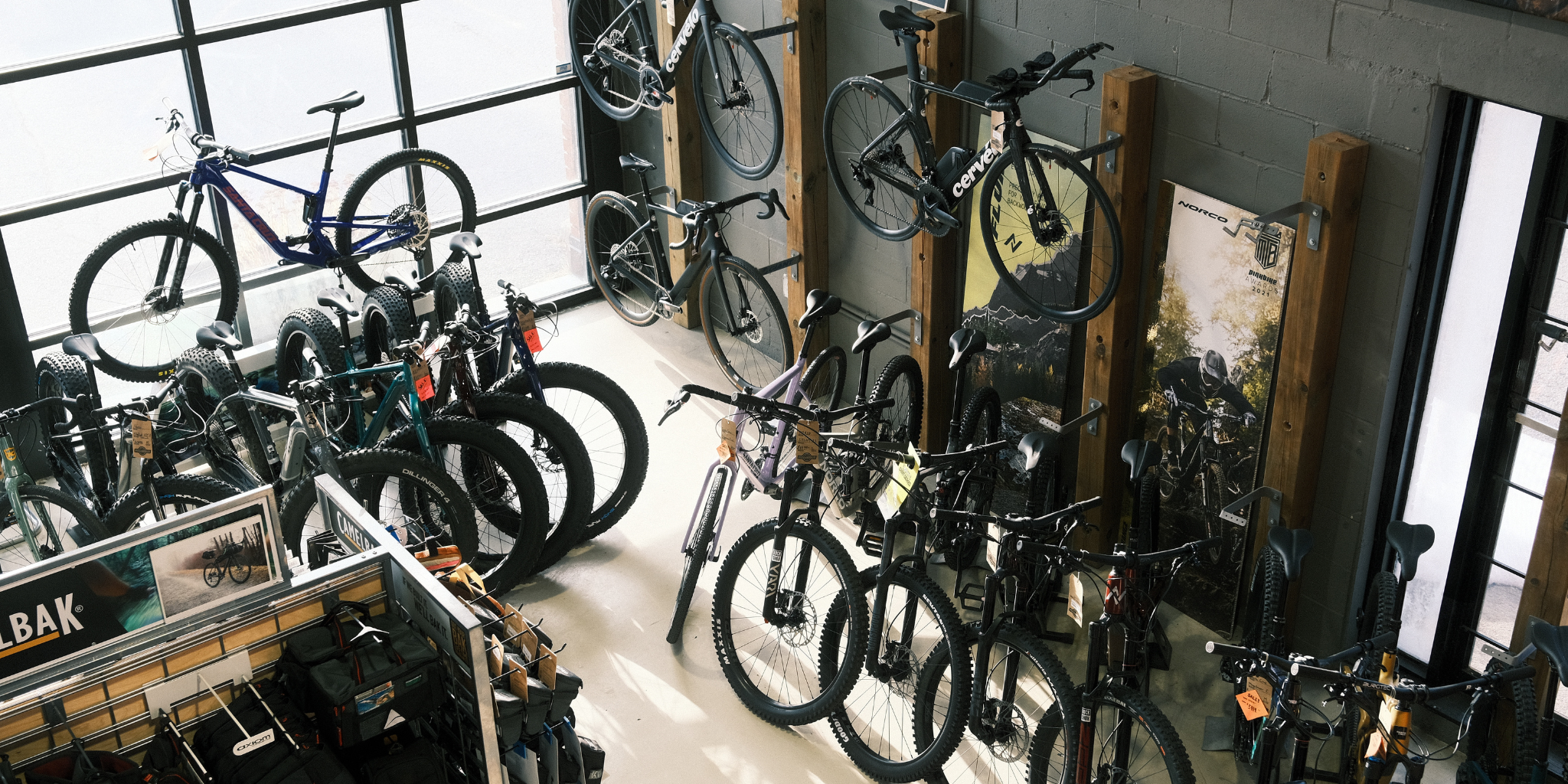 bird eye view of full cycle bike shop show room