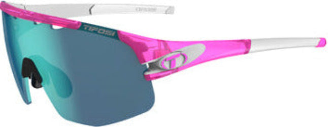 Sunglasses with pink and blue frame on a white background