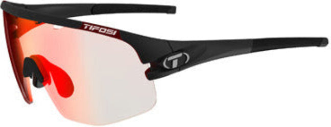 Black sunglasses with red and white lens on a black background