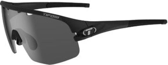 Black sunglasses with a brand logo on a white background