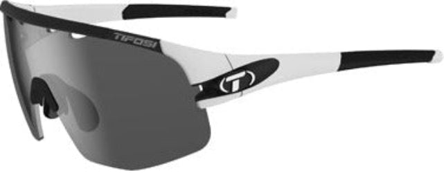 Sunglasses with a black and white frame on a white background