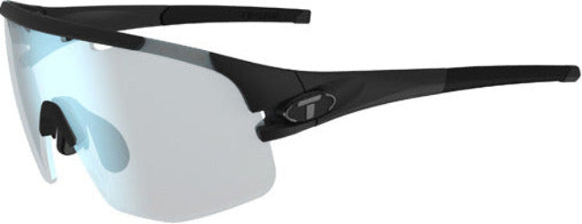 Black sunglasses with a reflective lens on a white background