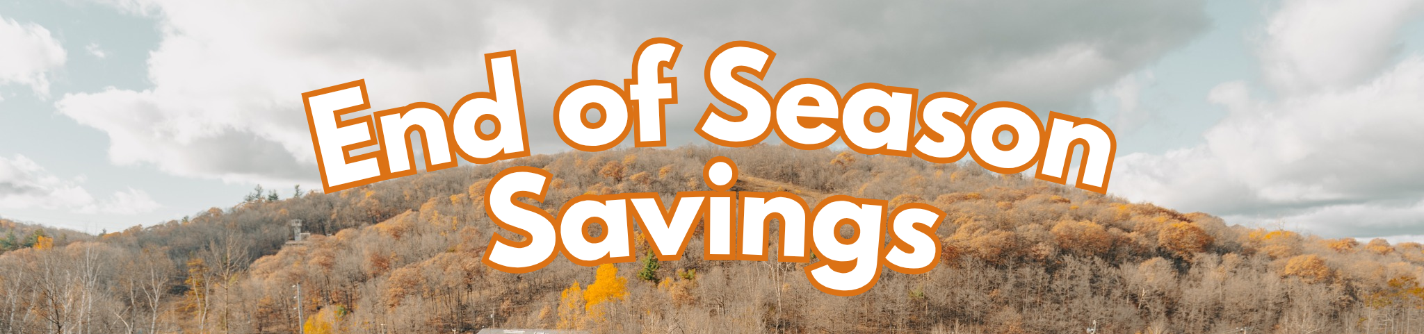 End of season savings advertisement with people on bikes in a mountain bike park.