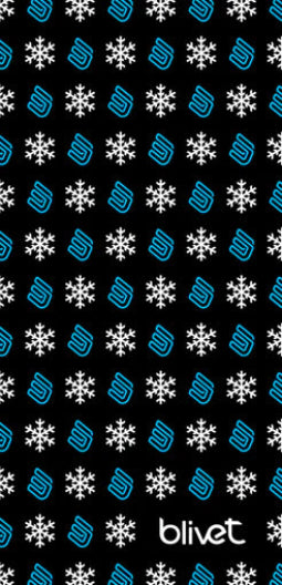 A tubular neck warmer with a pattern of blue and white snowflakes and gloves on a black background, with the brand name 'blivet' visible.