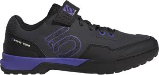 A pair of gray Five Ten women's mountain bike shoes with blue accents and lace-up front.