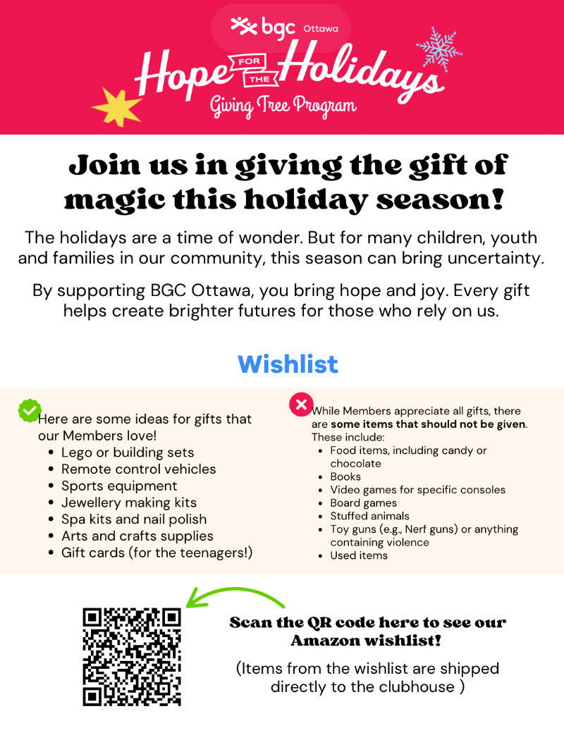 BGC Ottawa's Hope for the Holidays Giving Tree Program flyer with wishlist and QR code.