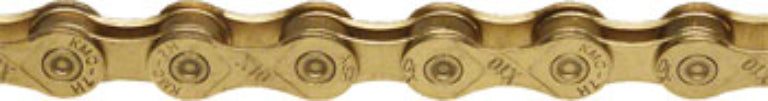A gold-colored KMC X10 bicycle chain with a titanium nitride coating.